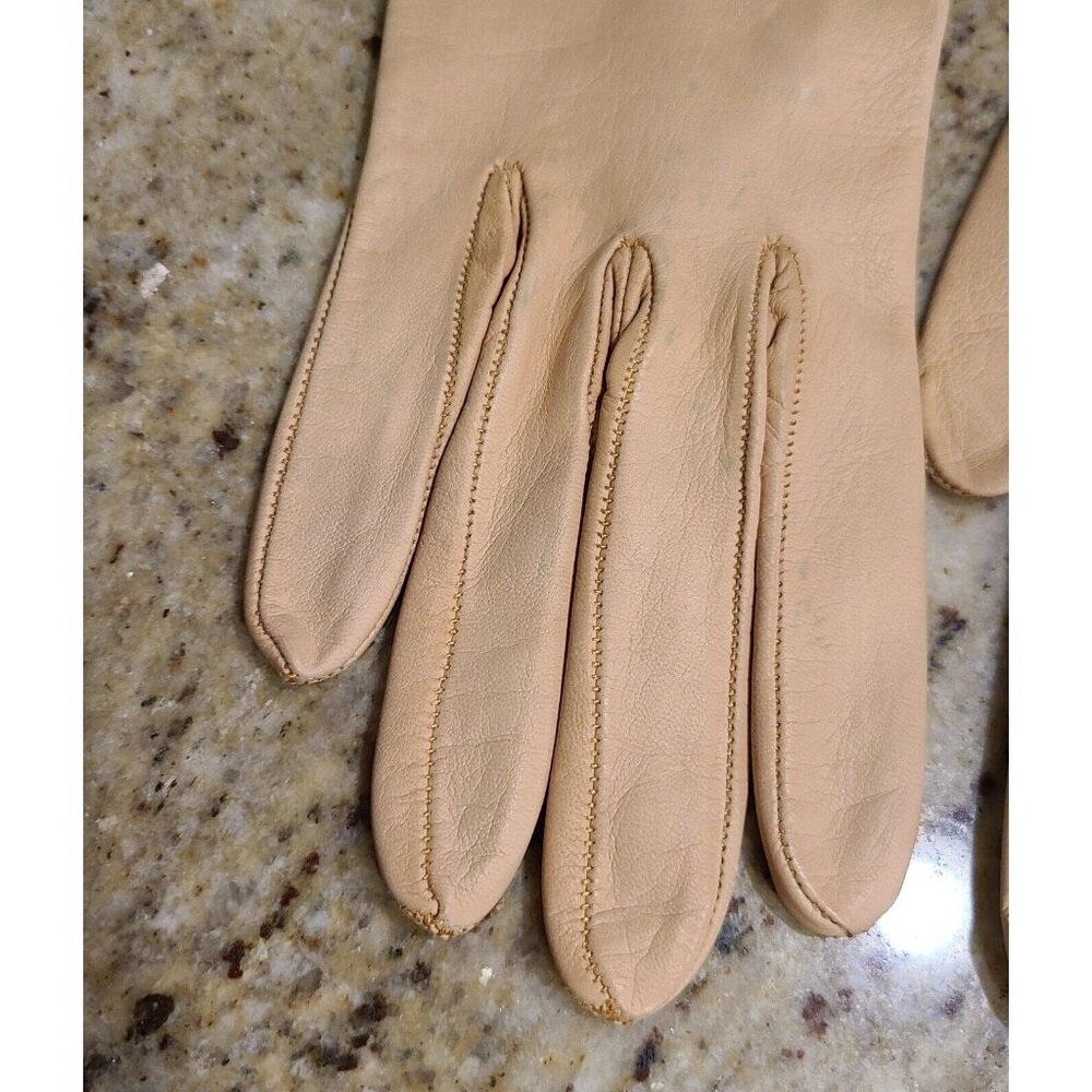 Vintage Size S Pumpkin Beige Soft Leather Formal 9" Gloves Wrist Weave Bow - Picture 2 of 15